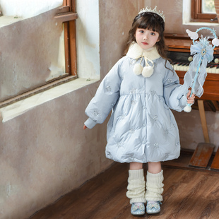 女童棉服冬款雪国精灵加厚羽绒棉衣可拆卸毛毛领雪花亮片棉袄外套