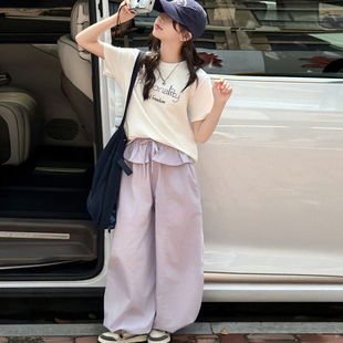 女童夏季休闲套装2026新款韩系字母短t恤轻薄工装裤大童时尚夏装9