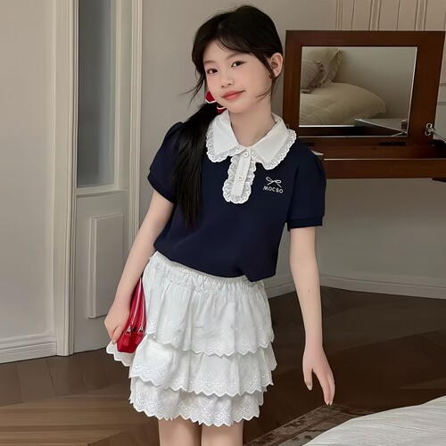 女童夏季POLO衫花边短袖套装2026新款女孩超好看T恤短裙两件套潮t