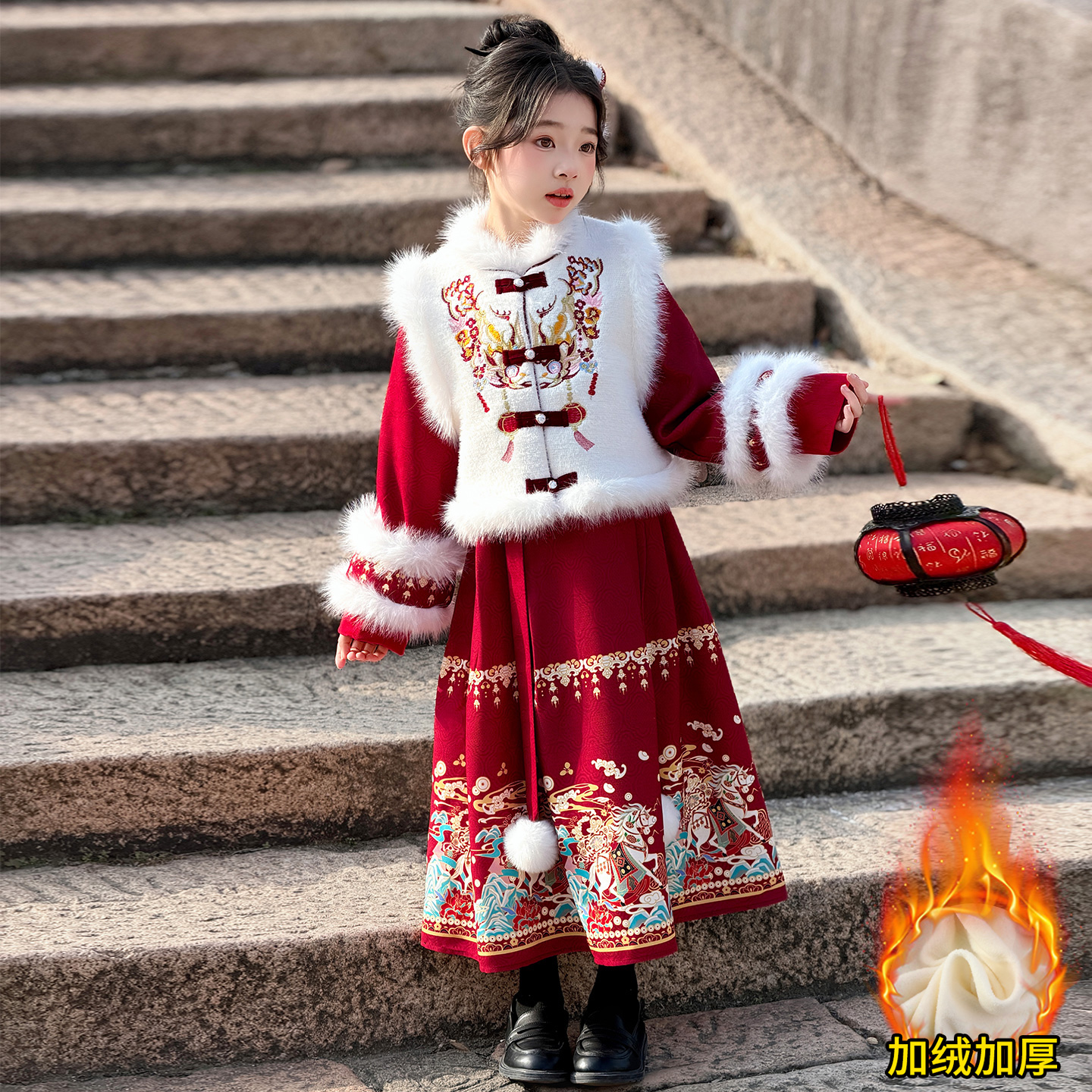 新中式女童汉服加绒拜年服2025新款儿童国风加厚马面裙过年衣服