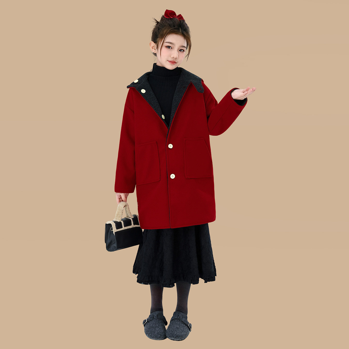 女童红色毛呢大衣外套秋冬2025新款大童中长款双面穿儿童装拜年服