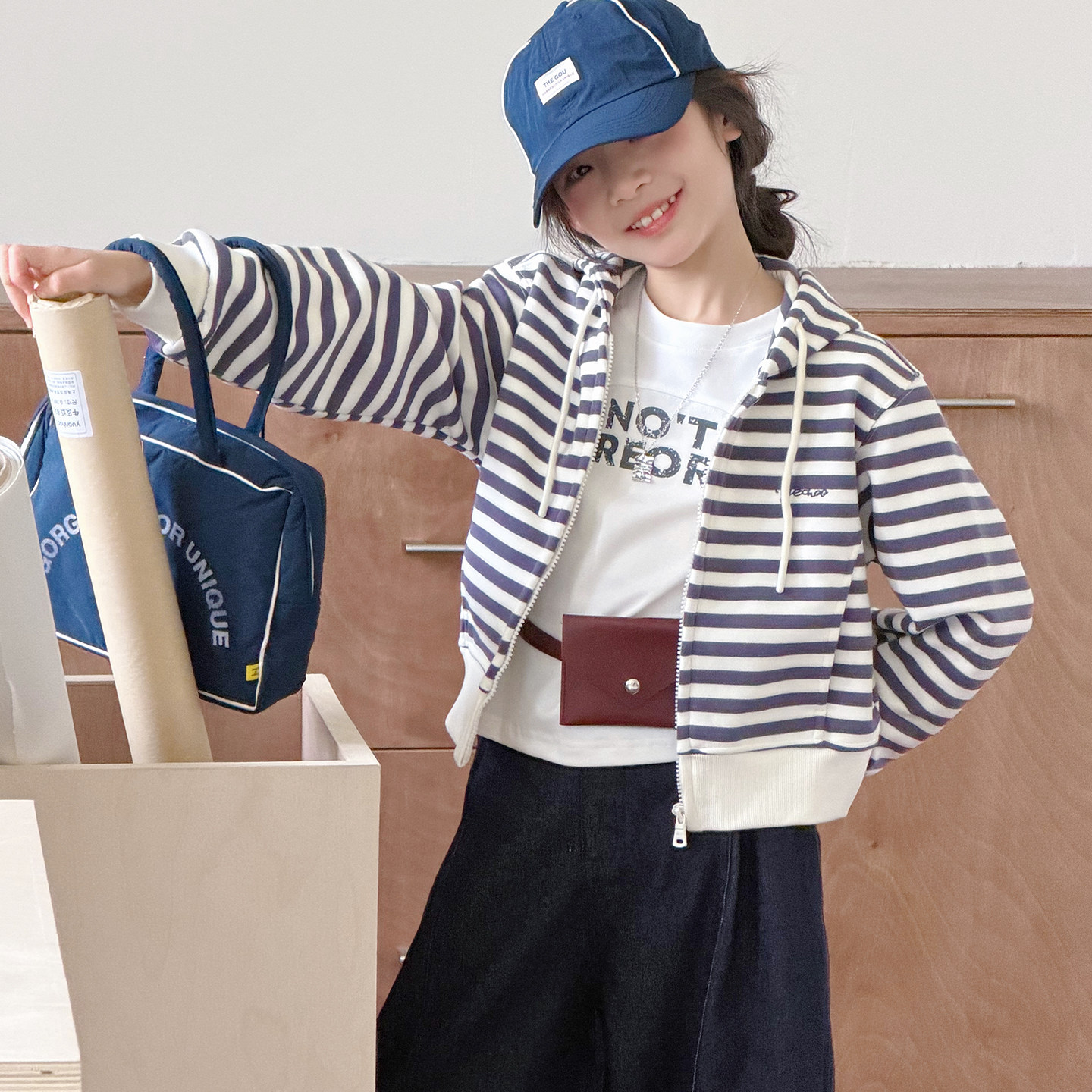 女童春秋时尚条纹连帽卫衣开衫2026新款春季韩版洋气休闲宽松外套,童装/婴儿装/亲子装,普通外套,淘宝优惠券,粉丝福利购,淘宝优惠卷