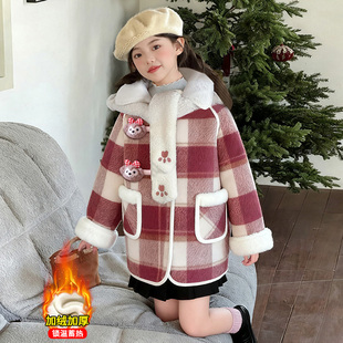 女童加绒外套秋冬2025新款洋气中大童一体绒毛呢大衣儿童格子年服