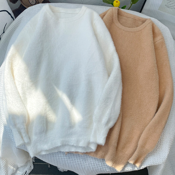 秋冬圆领仿水貂绒白色毛衣男加厚毛绒打底针织衫保暖休闲羊绒线衣