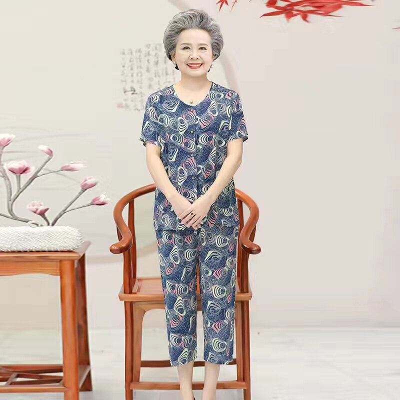 奶奶夏装短袖长裤老太太睡衣女夏季两件套老人开衫女装有口袋唐装