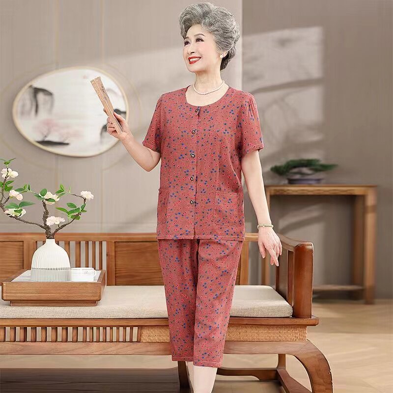 奶奶开衫短袖夏装衣服两件套小碎花老人女装纯棉绸老太太休闲睡衣