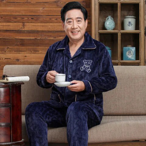 秋冬季中老年法兰绒睡衣男加肥大码200斤爷爷加厚外套爸爸休闲装