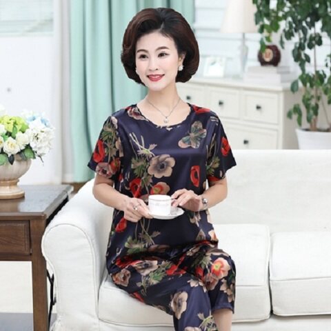 妈妈时尚洋气女装夏装仿真丝绸缎中老年短袖长裤睡衣奶奶冰丝衣服