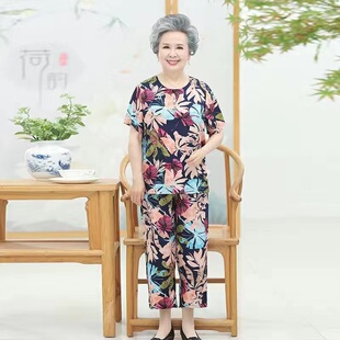 透气老太太夏天棉绸女装 8090岁奶奶装 时尚 九分裤 老人套头睡衣 短袖