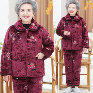 老太太加厚保暖夹棉袄棉裤 胖婆婆冬天睡衣加肥大码 200斤老人女装