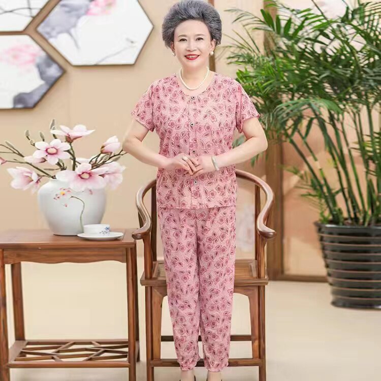 妈妈女装夏装老年人冰丝短袖睡衣裤透气凉快婆婆居家套头半袖T恤