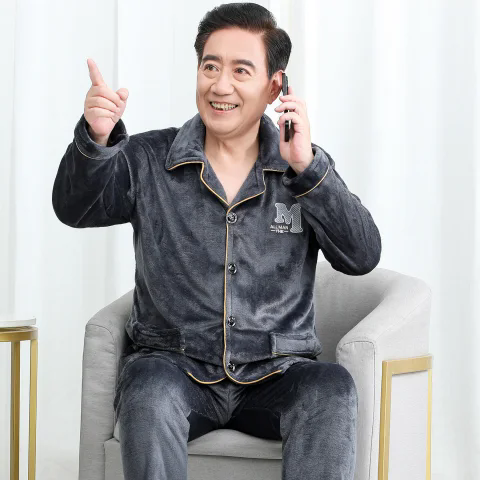 爷爷加肥加大码睡衣男冬季保暖珊瑚绒爸爸加厚秋装中老年长袖外套,男装,中老年套装,淘宝优惠券,粉丝福利购,淘宝优惠卷
