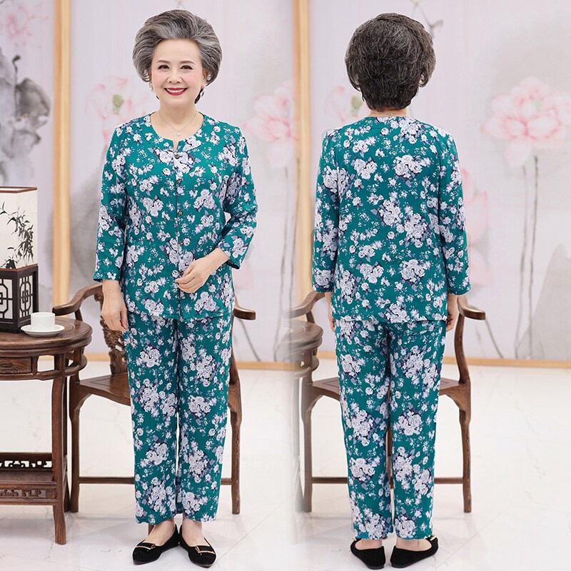 老太太全棉女装夏装老人奶奶短袖款睡衣女夏季婆婆纯棉绸透气清凉