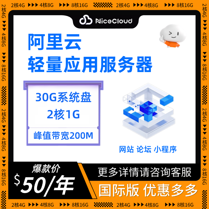 阿里云服务器国际版轻量2核1G虚拟主机云主机云电脑200兆带宽超值