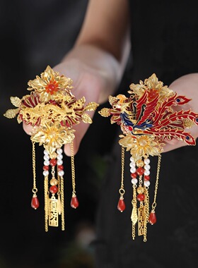 中式古典龙凤胸花金色流苏新郎新娘高档胸针一对高级感襟花婚礼
