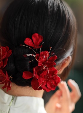 复古红色发夹新娘秀禾结婚头饰配饰高级感侧边夹子发钗马面裙发饰
