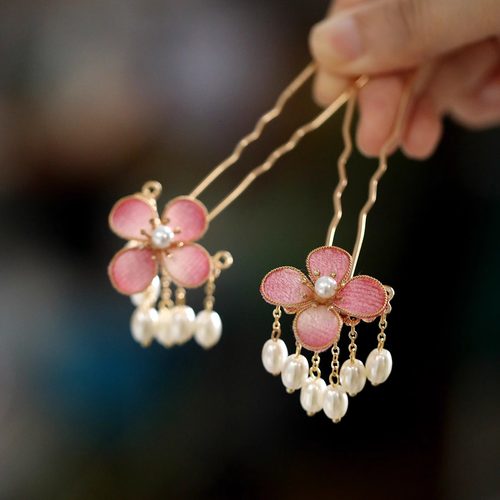 粉色布绒花朵小U簪古风汉服头饰非遗掐丝仿绒花发钗点缀仙气日常