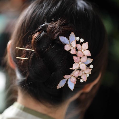 粉色发钗U型汉服百搭发簪精致古风清冷感手工掐丝花朵簪子新中式