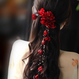 新娘头饰超仙红色花朵流苏发夹高级感敬酒服发饰婚纱盘发复古配饰