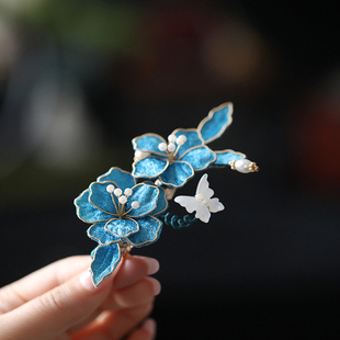 原创蓝色布绒发夹侧边手工掐丝花朵盘发清汉女新娘中式秀禾发饰