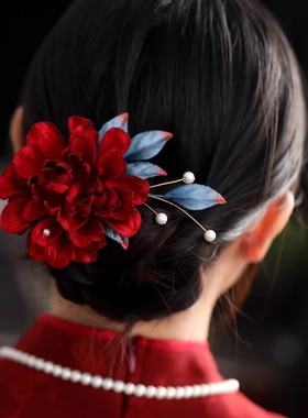 氛围感复古红色牡丹花朵发夹女后脑勺盘发头饰边夹汉服敬酒服头饰