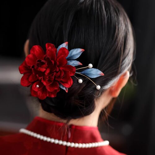 氛围感复古红色牡丹花朵发夹女后脑勺盘发头饰边夹汉服敬酒服头饰