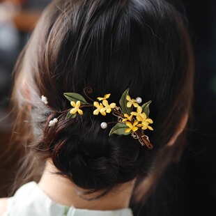 新中式缠花布艺桂花头饰发夹森系仙美日常丸子头盘发发饰旗袍配饰