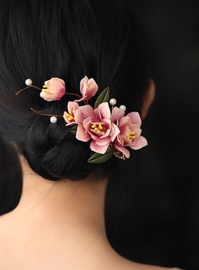 粉紫色布绒花朵夹子头饰 发夹森系复古唐明风 汉服发饰气质新中式