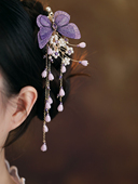 古风超仙紫色刺绣蝴蝶发夹女后脑勺流苏高级感气质头饰古装 配饰