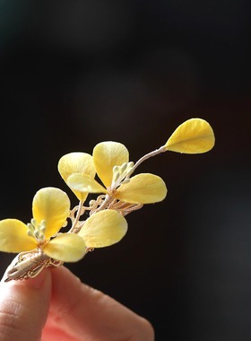超仙温柔黄色边夹非遗绒花点缀小清新少女气质刘海夹子发卡头饰