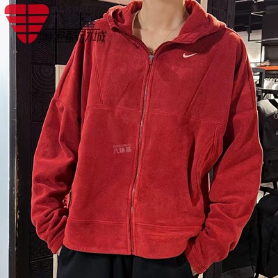 耐克女红色双面抓绒连帽夹克外套