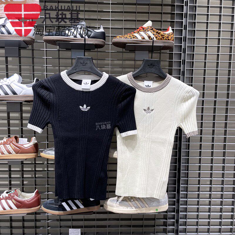 阿迪达斯三叶草女款2025秋新款梭织运动修身短袖T恤KS6110 KS8494