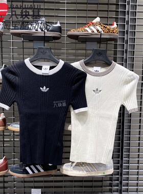 阿迪达斯三叶草女款2025秋新款梭织运动修身短袖T恤KS6110 KS8494