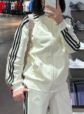 阿迪达斯女装2025秋季三条纹针织舒适休闲百搭立领夹克外套JN0760