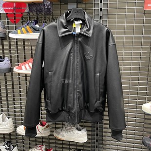 阿迪达斯三叶草男装2026春加绒保暖机车风皮衣翻领夹克外套IA7525