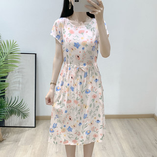 夏季时尚新款棉绸连衣裙人造棉抽绳小个子碎花外穿收腰中长裙子女