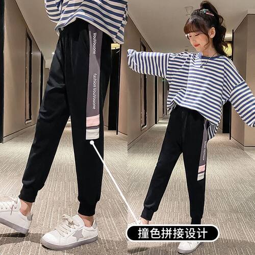 女童裤子2026春秋韩版撞色束脚裤外穿洋气长裤儿童休闲舒适运动裤