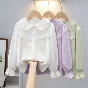 女童衬衫2026新款春装洋气薄款长袖白衬衣儿童蕾丝纯棉打底衫上衣