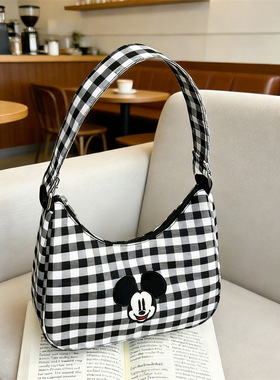 卡通米奇托特包2026新款ins小众时尚单肩包帆布格子通勤旅行包包