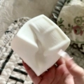 One piece of white tofu, wet and soft malleable texture, light tiramisu scent
