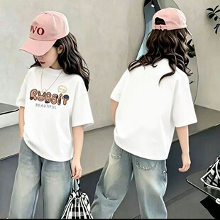 儿童纯棉女童夏季新款中大童夏装洋气女孩t恤短袖印花宽松上衣