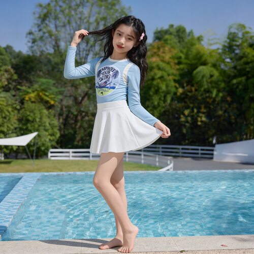 儿童泳衣女童连体女孩新款中大童公主游泳衣速干长袖防晒海边泳衣