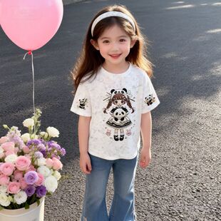 女童纯棉短袖T恤2026新款夏季宽松可爱儿童扎染仿刺绣洋气上衣潮t