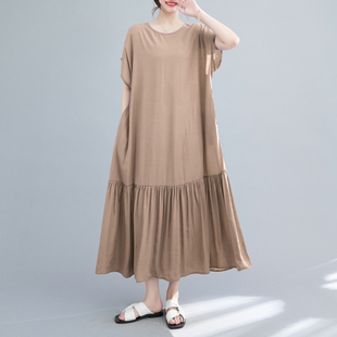 欧美风大版宽松拼接百褶连衣裙女2026夏天加肥加大胖mmT恤长裙子