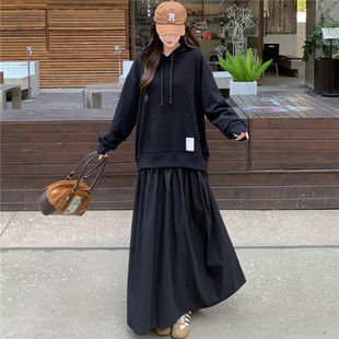2025时尚拼接连帽卫衣裙女秋冬宽松大版加长款过膝美式连衣裙长裙