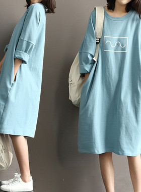 春夏薄款韩版半袖大t恤女中长款宽松大码胖mm短袖连衣裙上衣裙子
