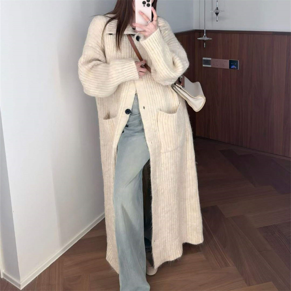 2026韩系慵懒风超长款针织开衫女宽松毛衣小个子灰色过膝毛衣外套