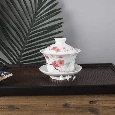 手绘釉下彩三才碗景德镇厂货白瓷