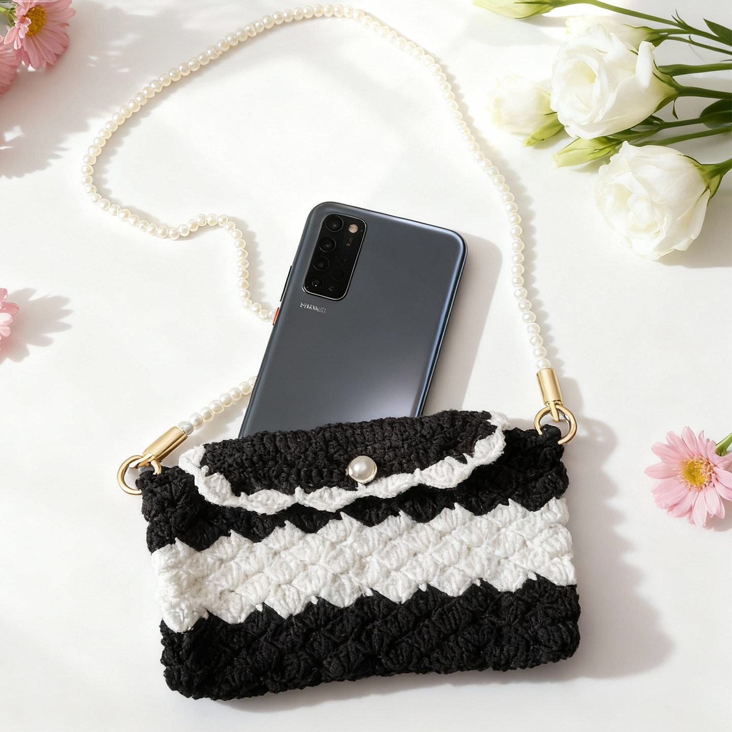 甚安纯手工钩织条纹高级感手机包