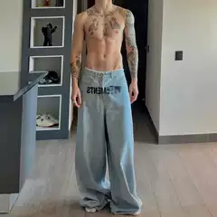 Vet American Retro Letter Embroidered Washed Blue Jeans Loose Fit Baggy Jeans Wide Leg Pants for Men